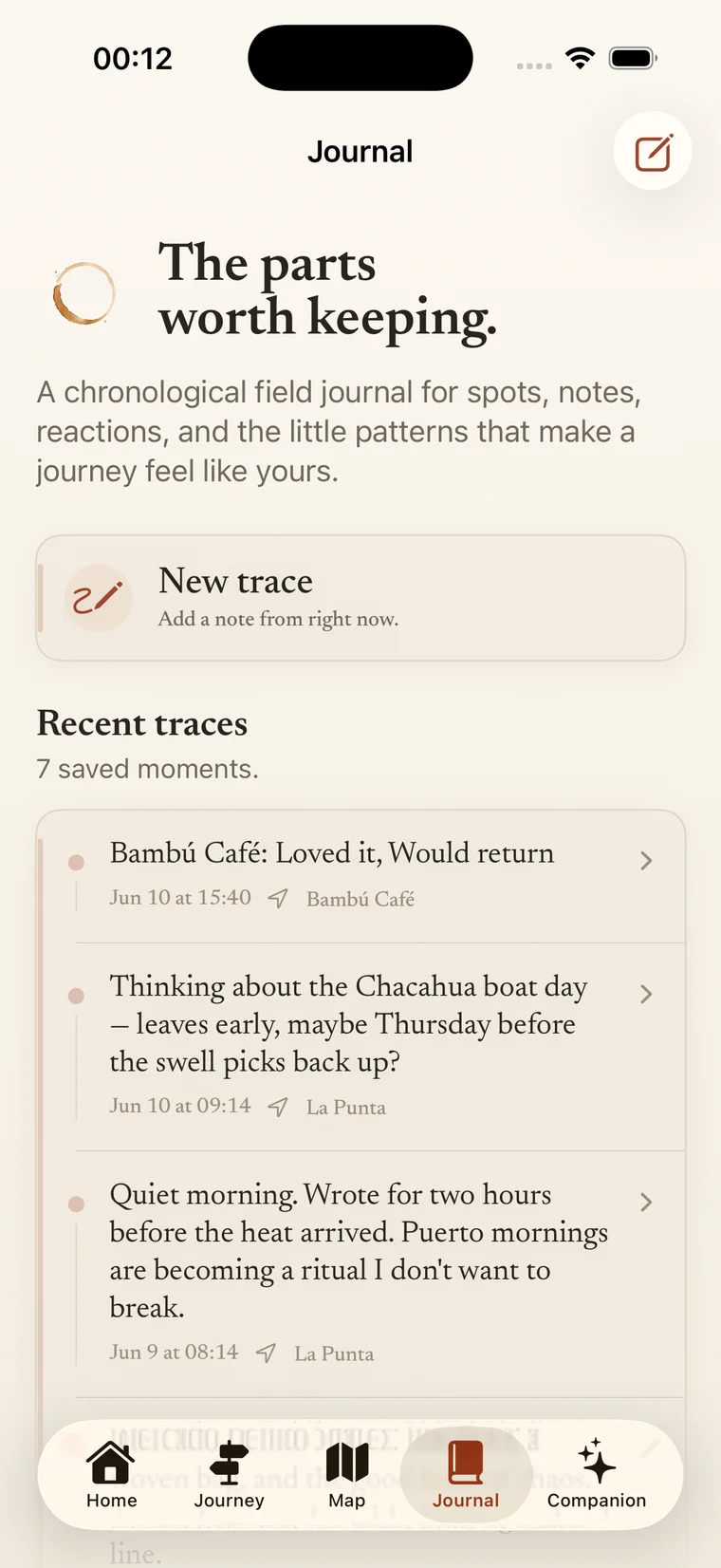 A field journal of dated traces