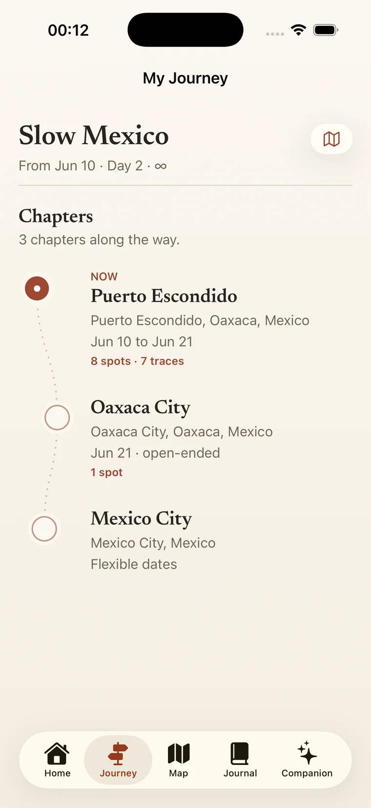 A journey shown as a winding route of chapters