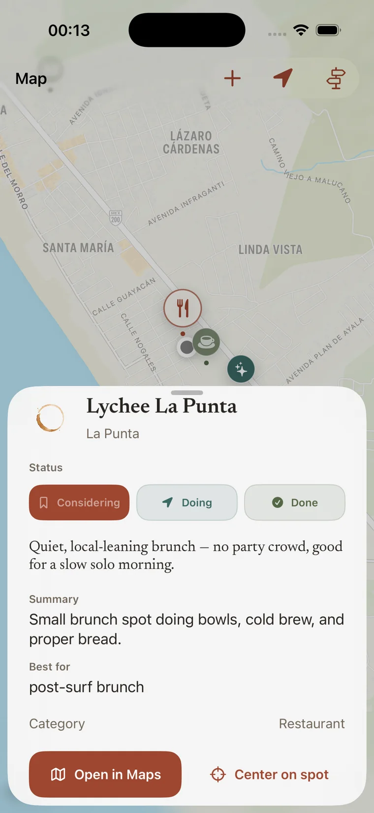 A spot card explaining why a place fits you